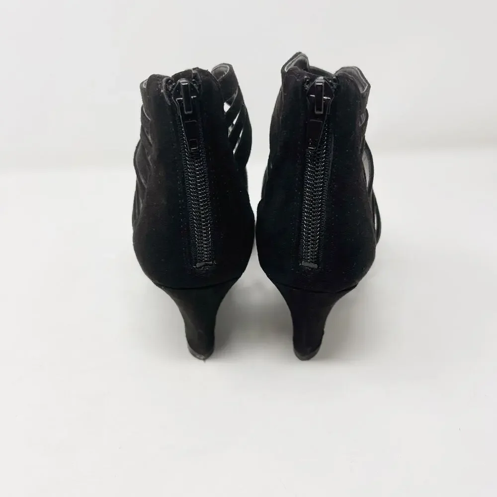 Nine West 6.5 Black Faux Suede Roseo Strappy Wedge Sandals Heeled Zip Back